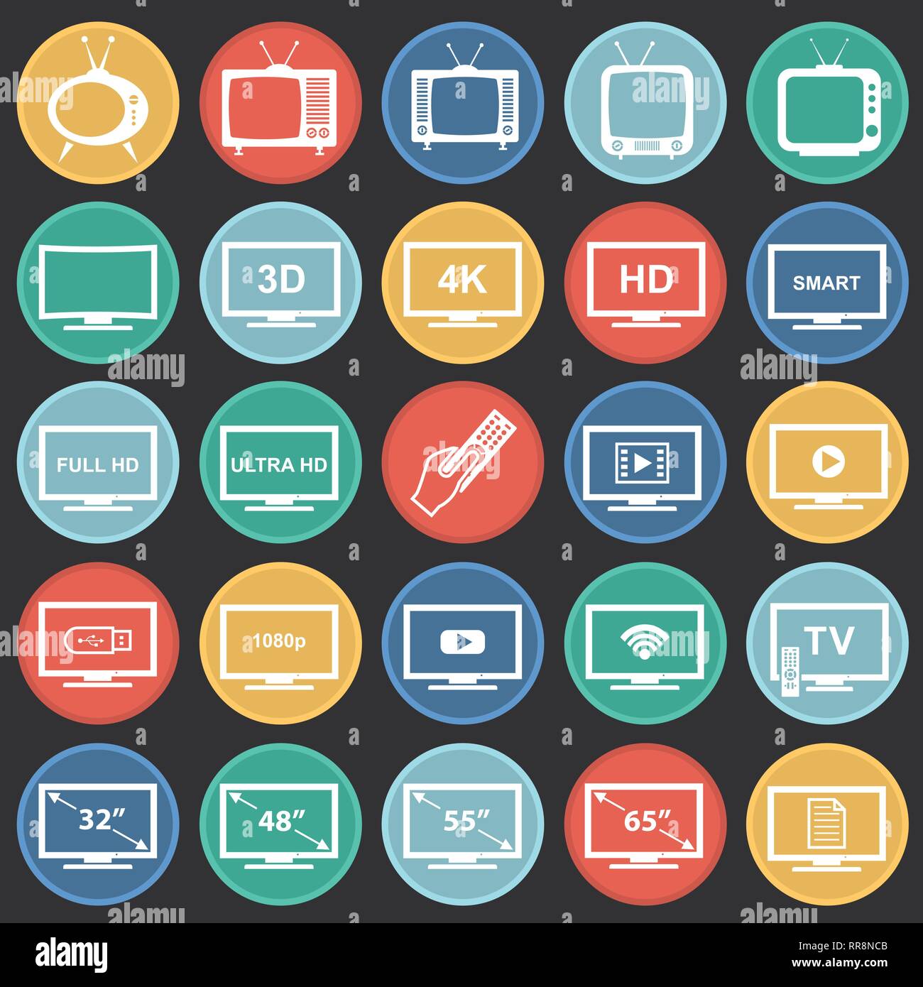 TV icons set on color circles black background for graphic and web ...