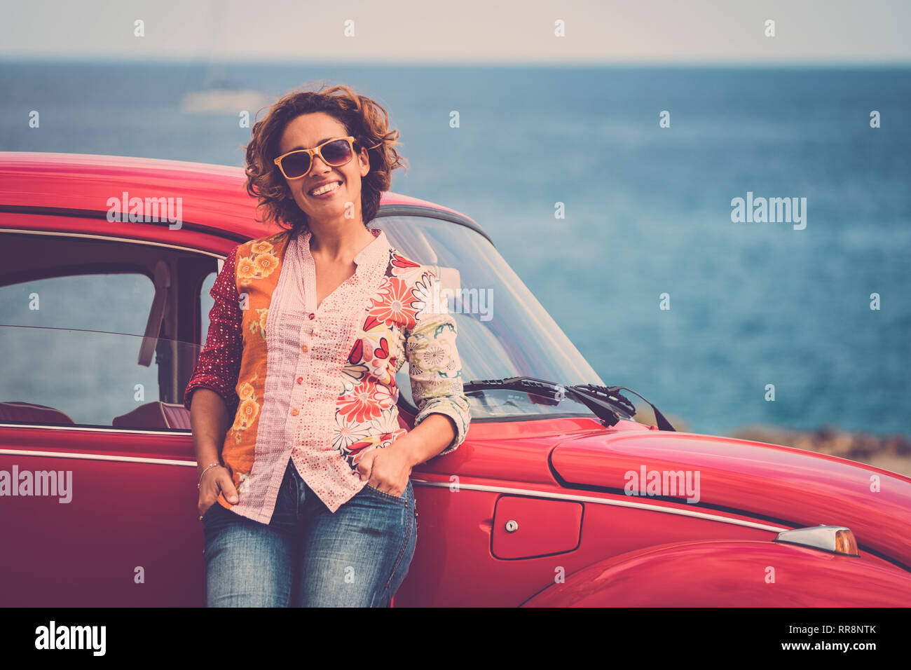 Woman pose near retro car stock photo. Image of female - 99099488
