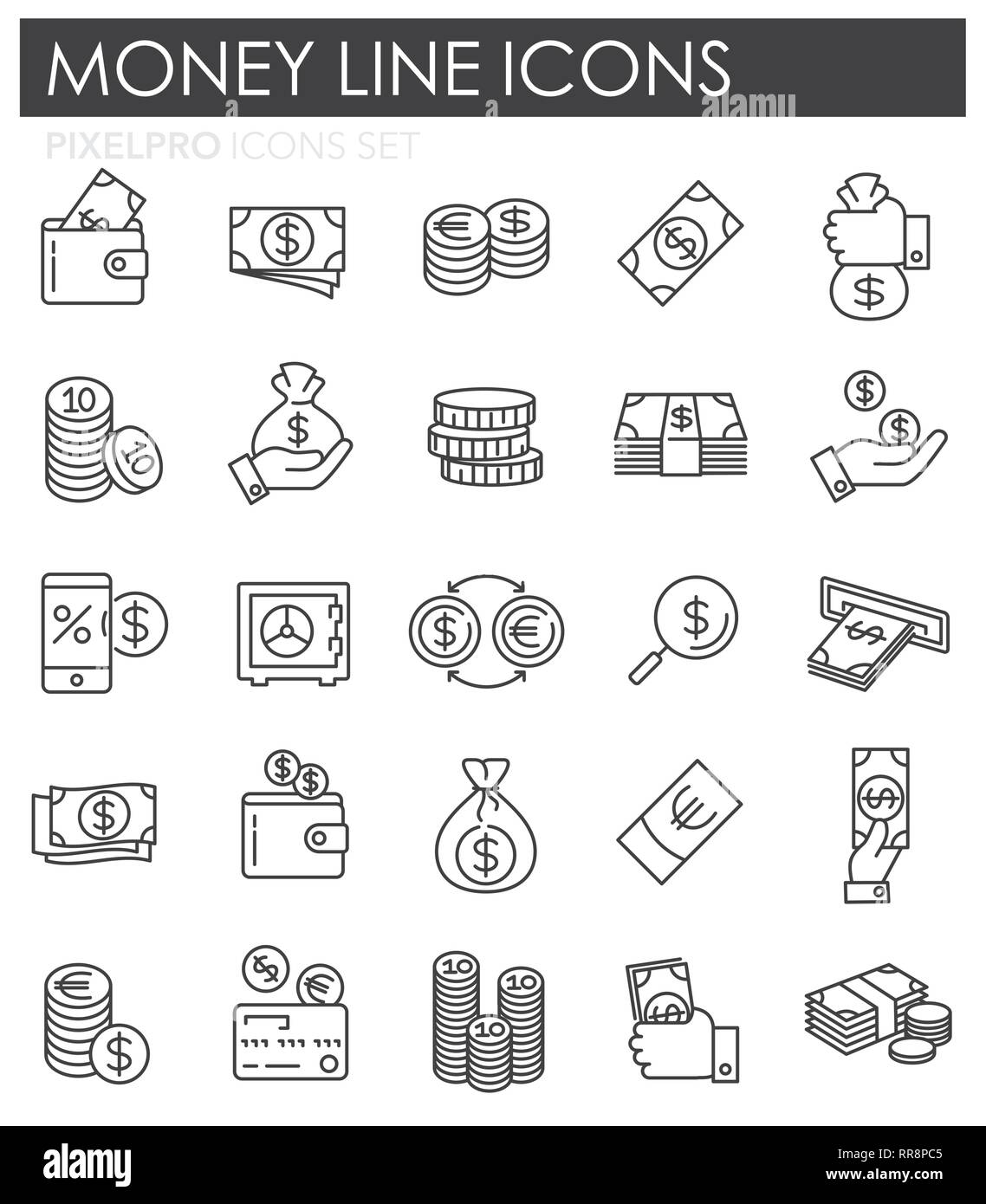 Money line icons set on white background for graphic and web design ...