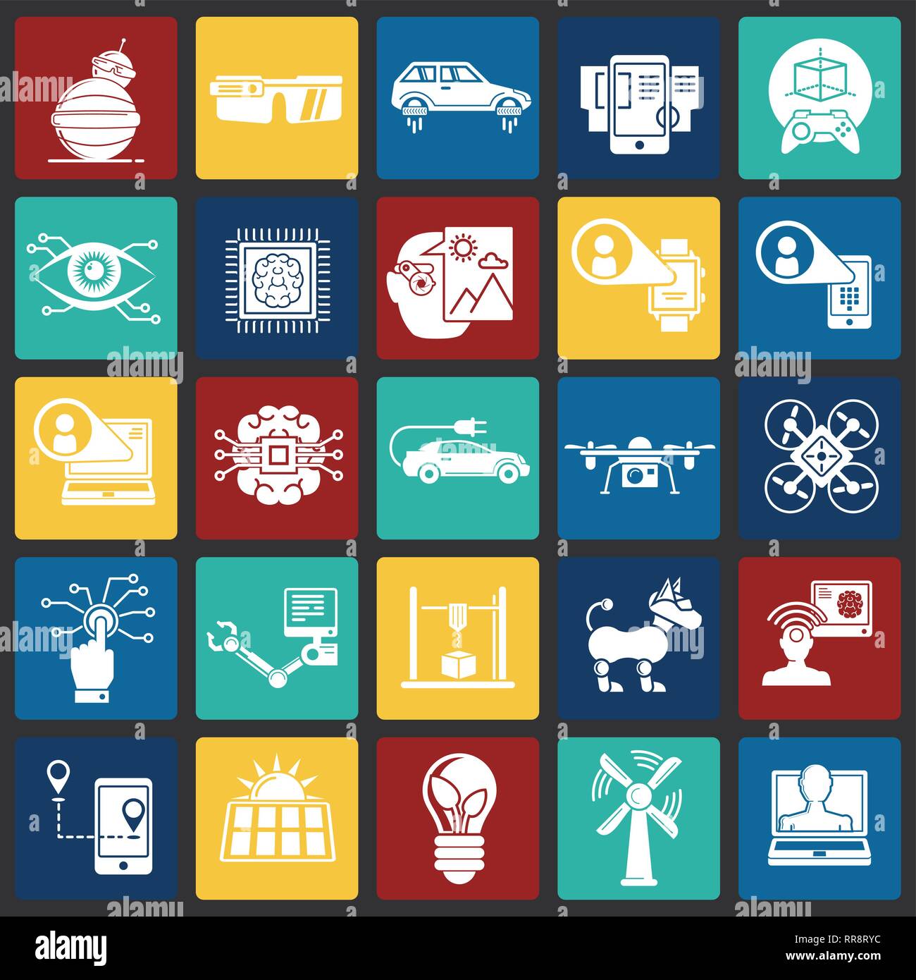 Future technologies icons set on color squares background for graphic ...