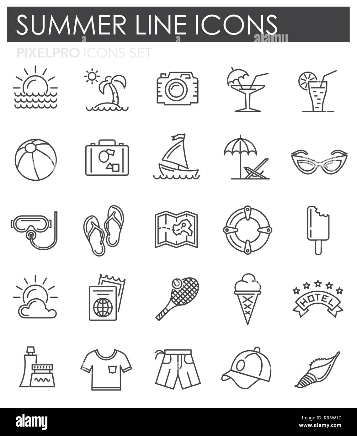 Summer line icons set on white background for graphic and web design ...
