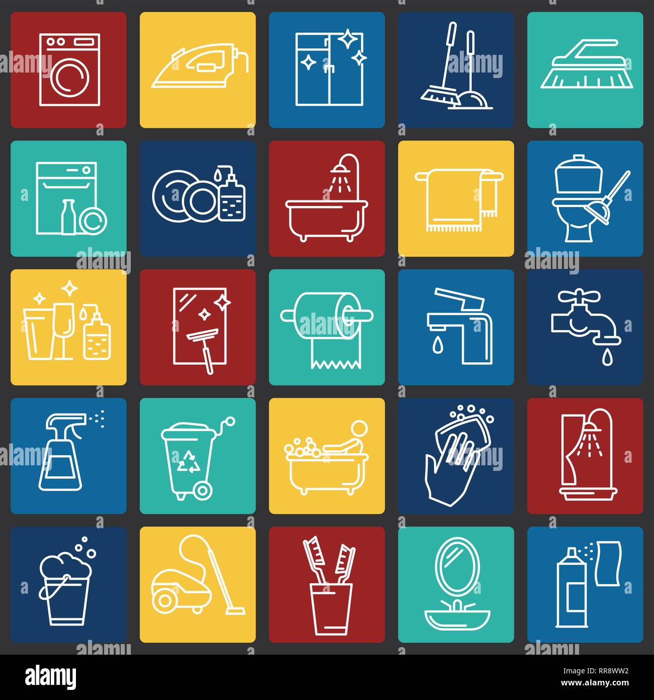Cleaning icon set on color squares background for graphic and web ...