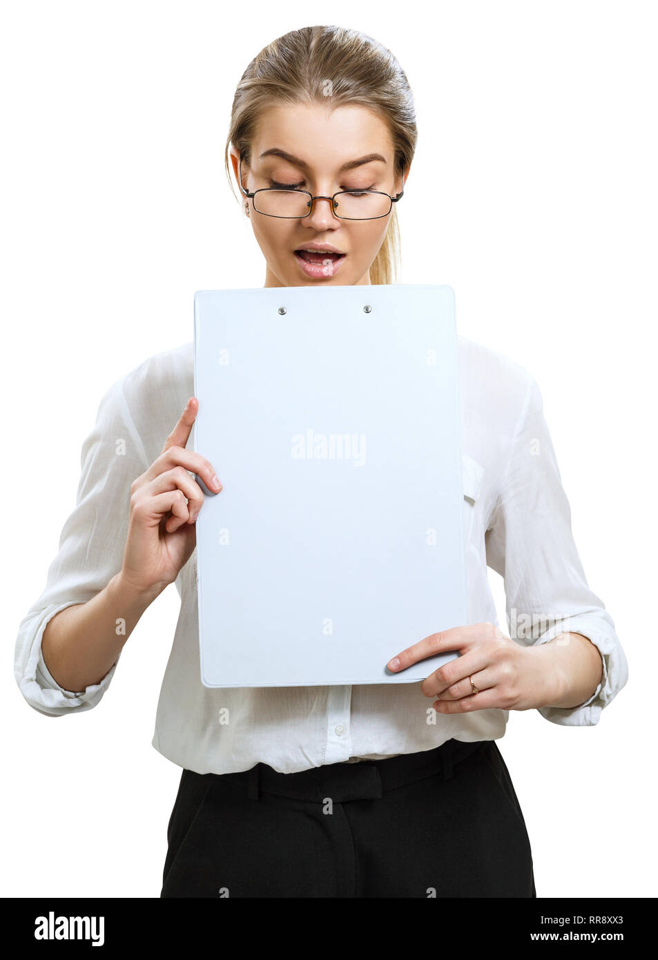 Business woman looking on clipboard with surprised. Stock Photo