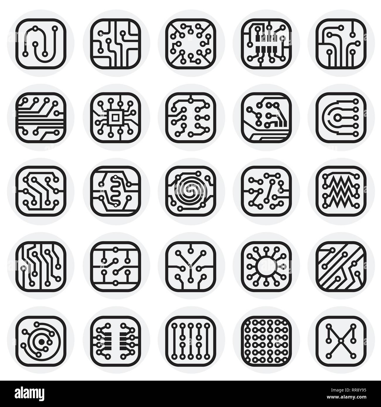 Electronic circuit icons set on circles background for graphic and web design, Modern simple vector sign. Internet concept. Trendy symbol for website design web button or mobile app. Stock Vector