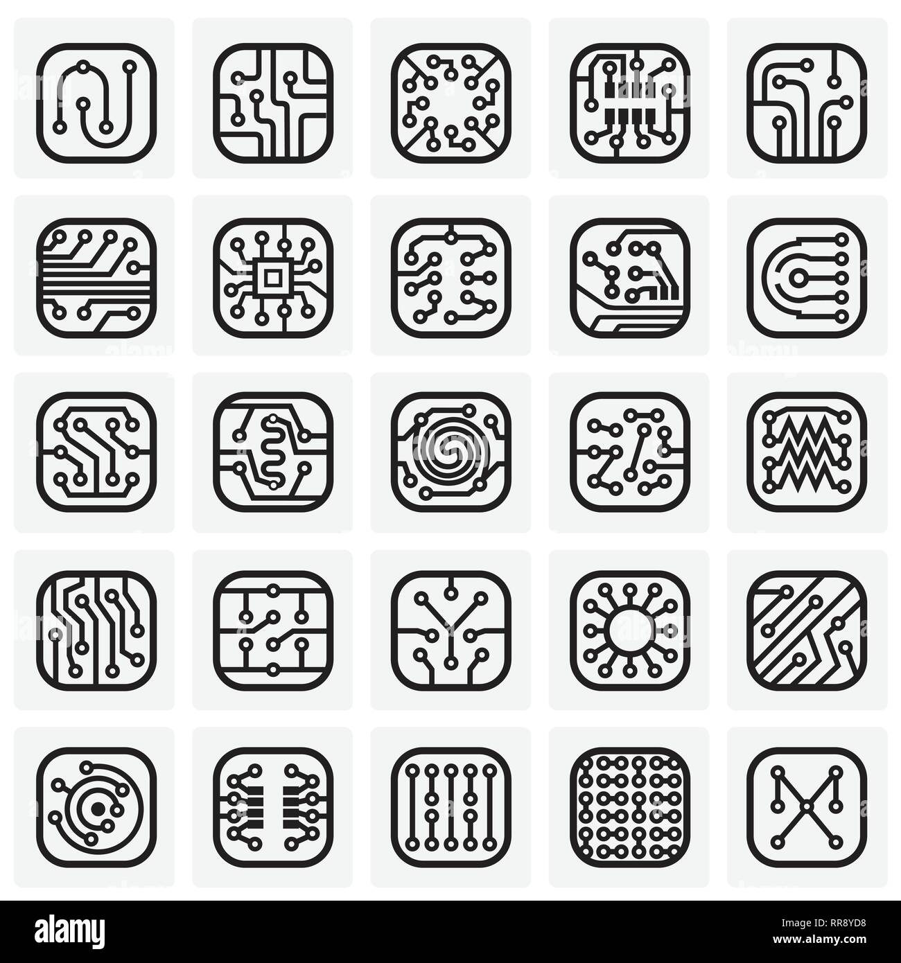 Electronic circuit icons set on squares background for graphic and web design, Modern simple vector sign. Internet concept. Trendy symbol for website design web button or mobile app. Stock Vector