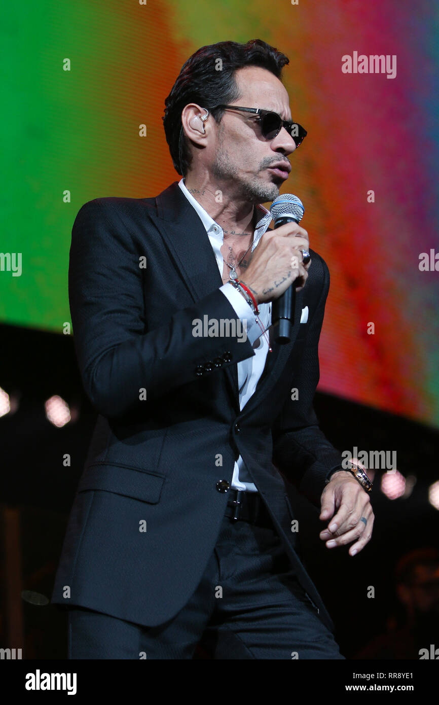 UNIONDALE, NY - FEB 23: Singer Marc Anthony performs in concert at NYCB Live on February 23, 2019 in Uniondale, New York. Stock Photo