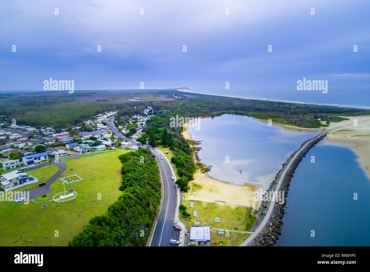 Aerial view of Harrington village, breakwater, and ocean coastline.  Harrington, New South Wales, Australia Stock Photo - Alamy