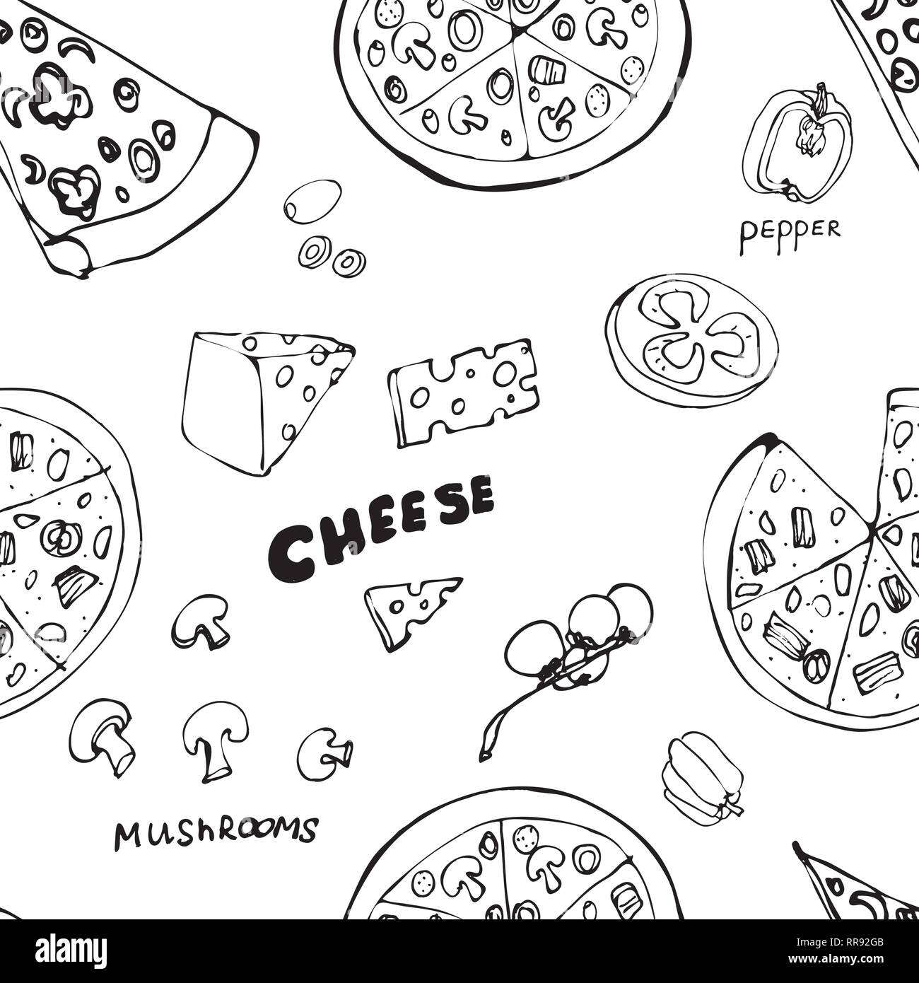 Seamless pattern with hand drawn pizza slices. Stock Vector