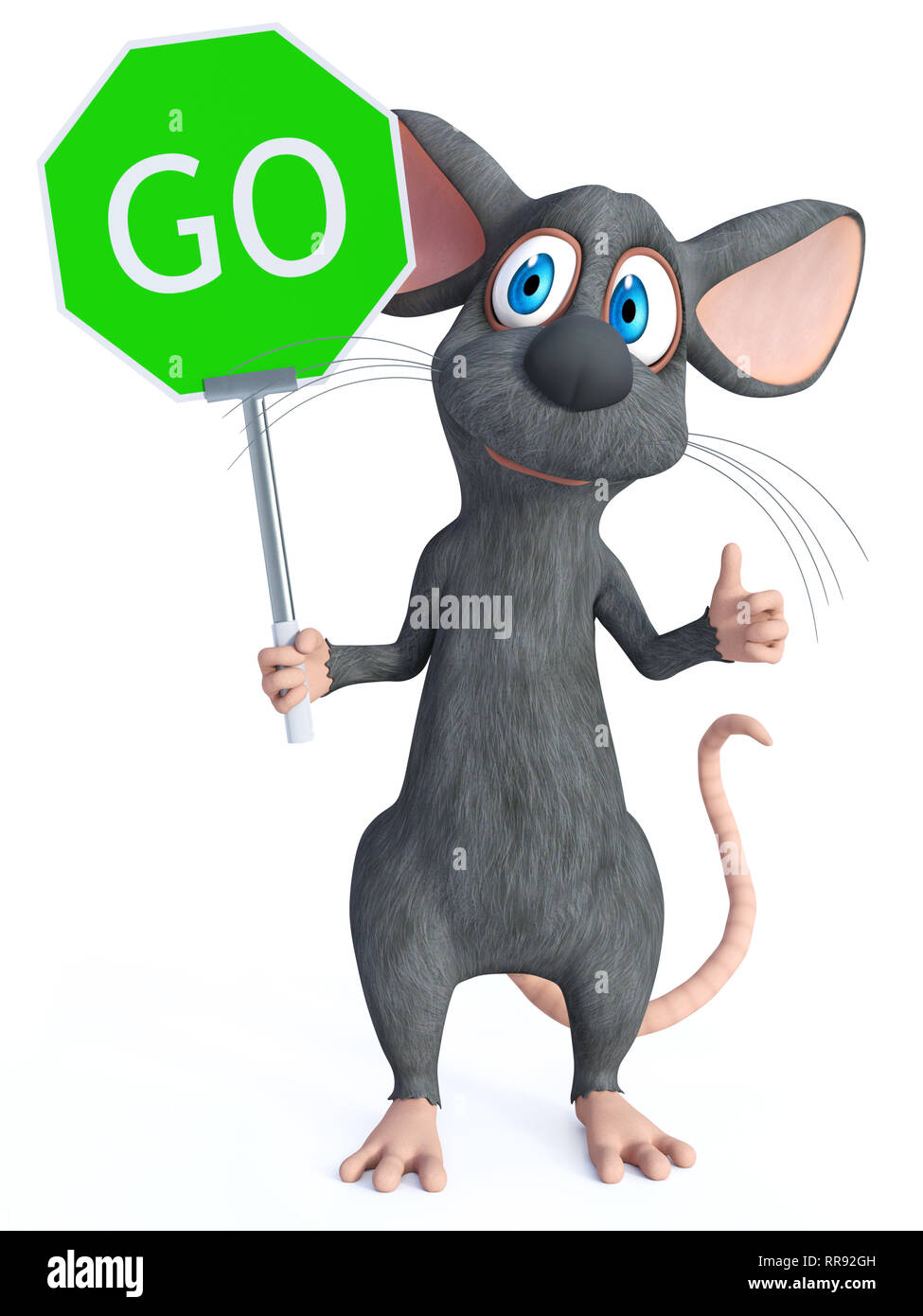 3D rendering of a cute smiling cartoon mouse holding a green go sign and doing a thumbs up like he is saying okay. White background. Stock Photo