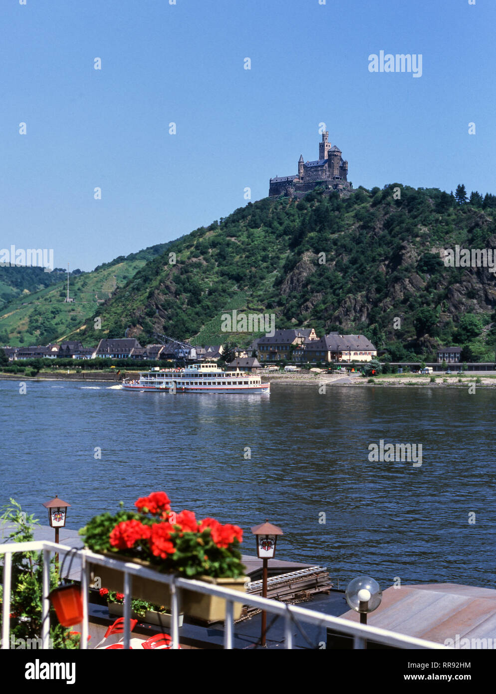 Germany.River Rhine valley .Castle Marksburg overlooks the Rhine.Photographed from west bank of the river,at the village of Brey. Stock Photo