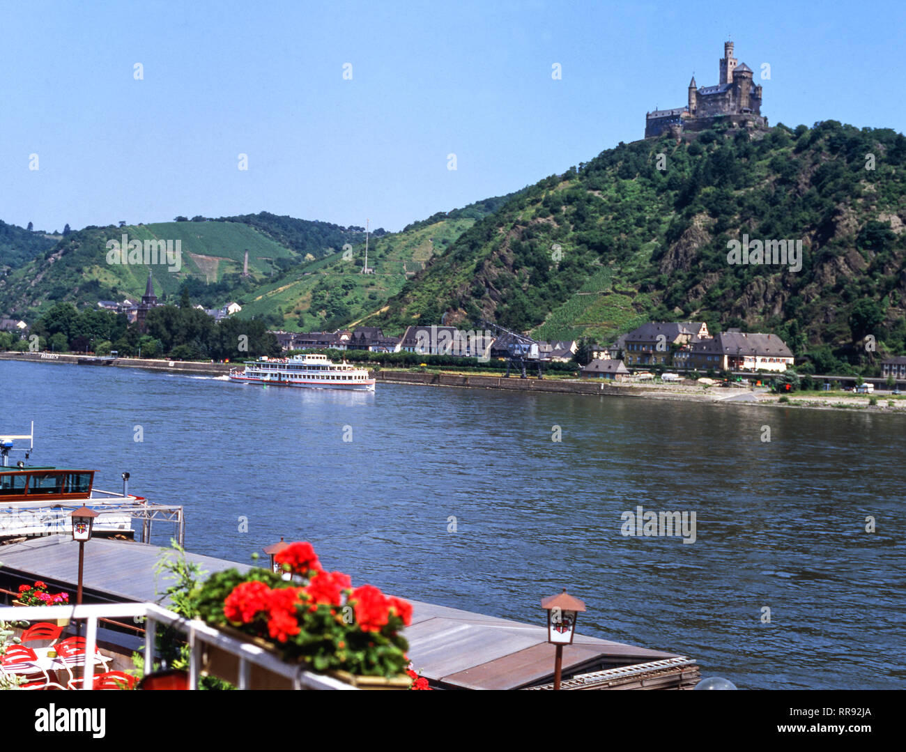 Germany.River Rhine valley .Castle Marksburg overlooks the Rhine.Photographed from west bank of the river,at the village of Brey. Stock Photo