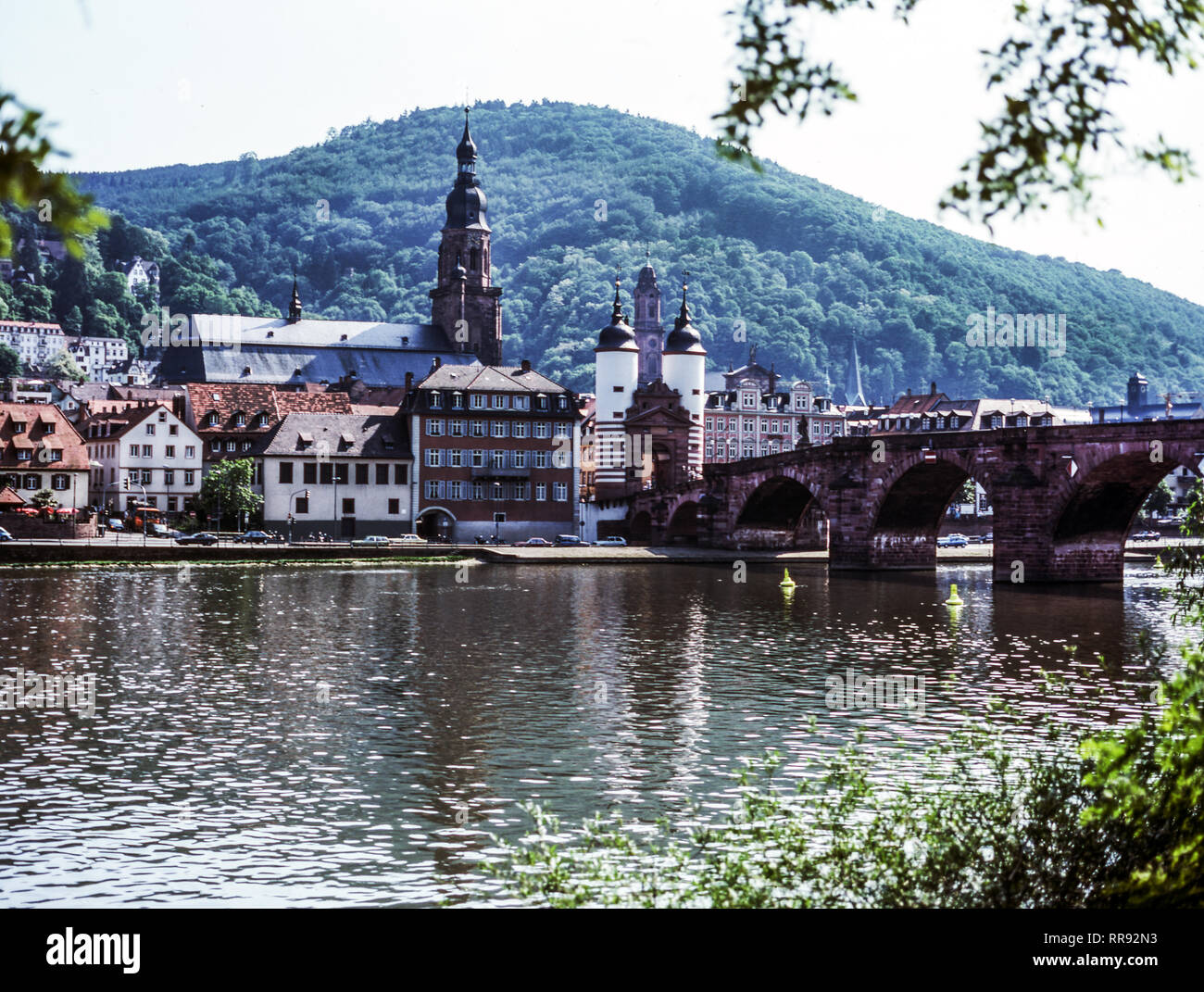 Germany.Heidelberg,River Neckar and Karl Theodor Bridge. Stock Photo