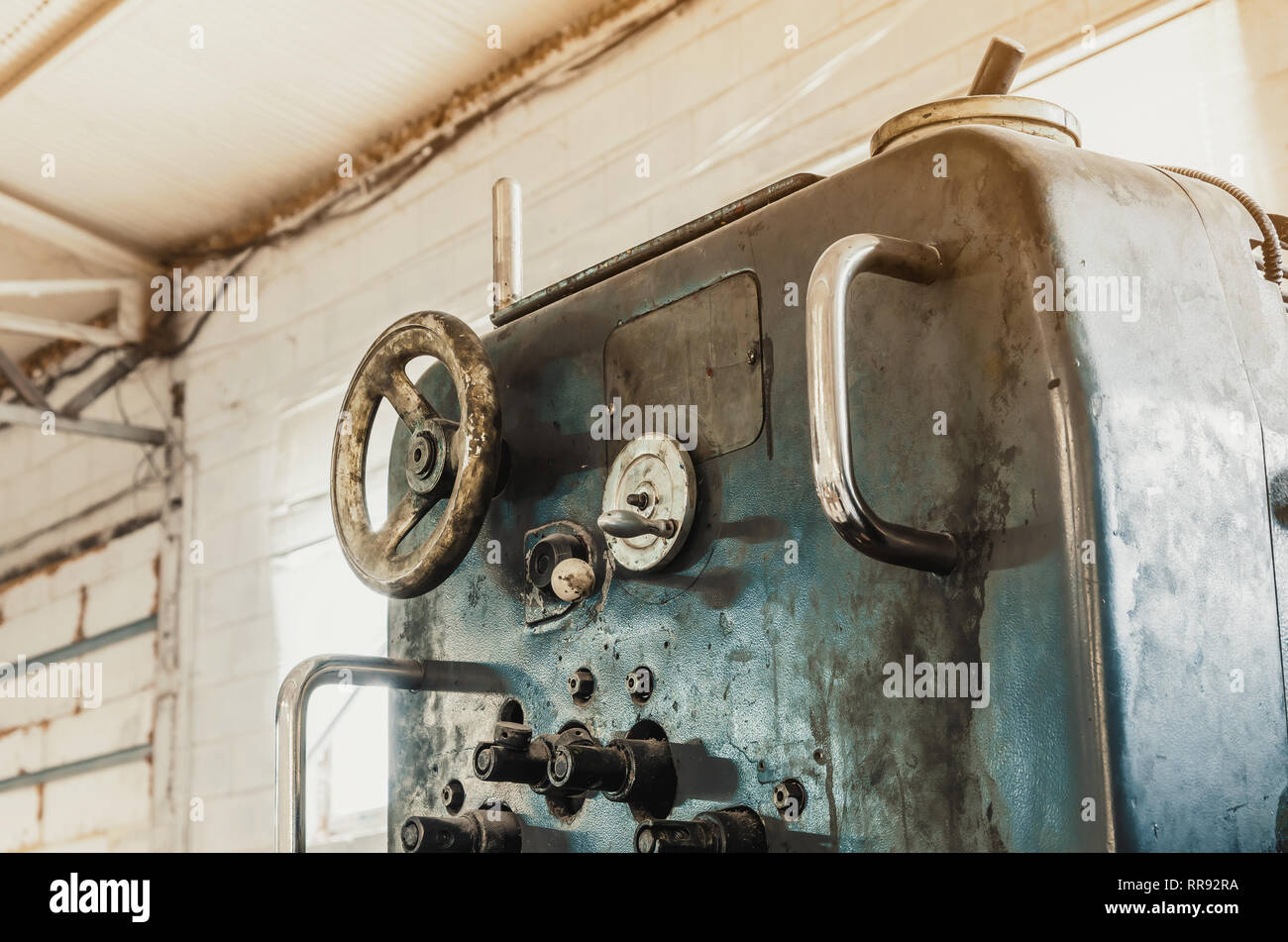 Old vintage printing machine in print shop. Magazine, newspaper ...
