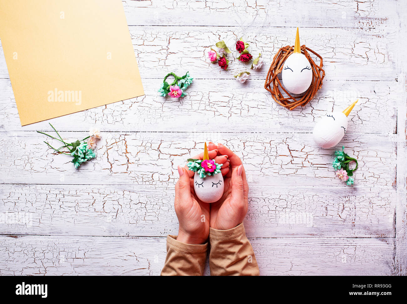 Eggs in shape of unicorn. Step by step. Stock Photo