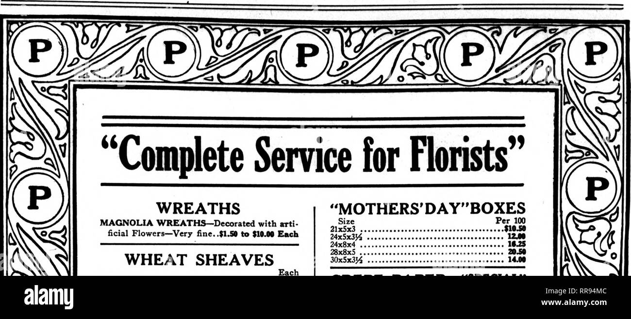 . Florists' review [microform]. Floriculture. •A, ? •?, I'^-ji' ? •- - r ? The Rorists^ Review r Mabcb 28. 1922. Each 01 14-inch $0.85 02 16-inch 1.00 03 18-inch I.IS 04 20-inch 1.40 05 24-inch 1.75 06 27-inch 2.25 07 30-inch 3.00 Flat Wheat Sheaves Each 1-A 14-inch $0J0 A 15j4-inch JS B 17-inch .45 C 19-inch 00 D 22-inch 80 E 24-inch 1.00 F 26-inch 1J5 G 28-inch 1.75 H 30-inch 2.00 I 32-inch 2J0 Solid Standing Wreaths Each S-1 14-inch $0J5 S-2 16-inch 1.00 S-5' 18-inch 1.15 S-4 20-inch 1.40 S-S 24-inch 1.75 S-6 27-inch 2J5 S-7 30-inch 3.00 LOOSE WHEAT Per lb., $1.00. CREPE PAPER, &quot;SPECIA Stock Photo