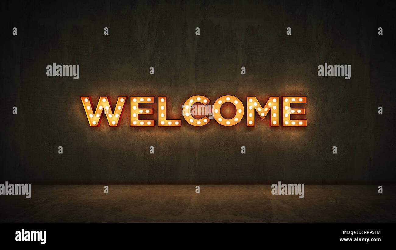 Neon Sign on Brick Wall background - Welcome. 3d rendering Stock Photo ...