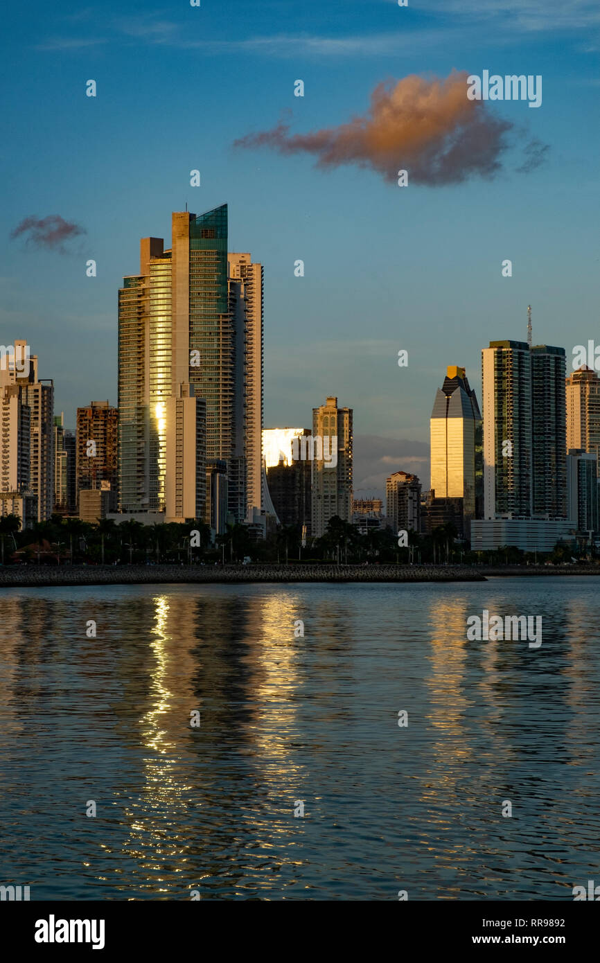 The skyline of Panama City at sunset, Panama City, Panama, Central America Stock Photo