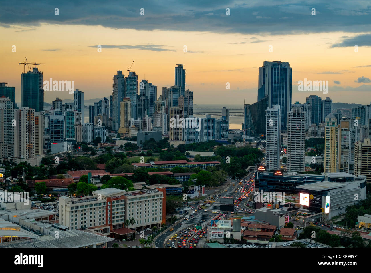 The skyline of Panama City at night, Panama City, Panama, Central America Stock Photo