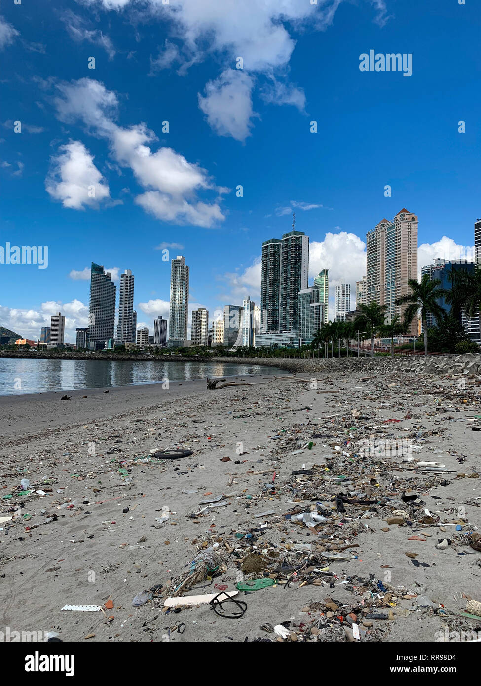Trash dragged by the tides at Sidewalk (Cinta Costera) in public park at ocean Promenade and skyline background in Panama City ( Avenida Balboa), Pana Stock Photo