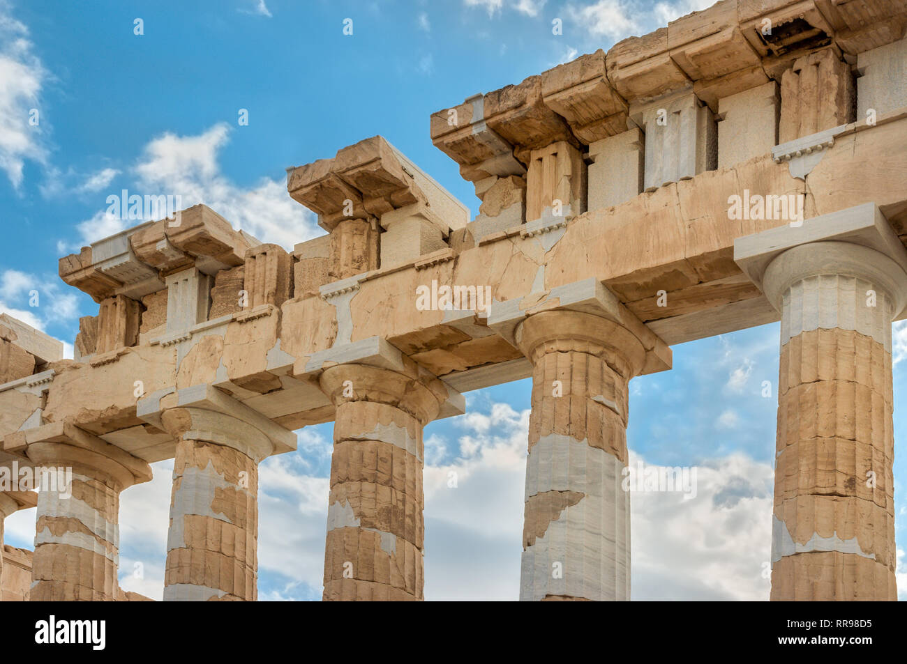 Fragment of the Parthenon, an archaic temple located on the Acropolis of Athens, built in 438 BC in Athens, Greece Stock Photo