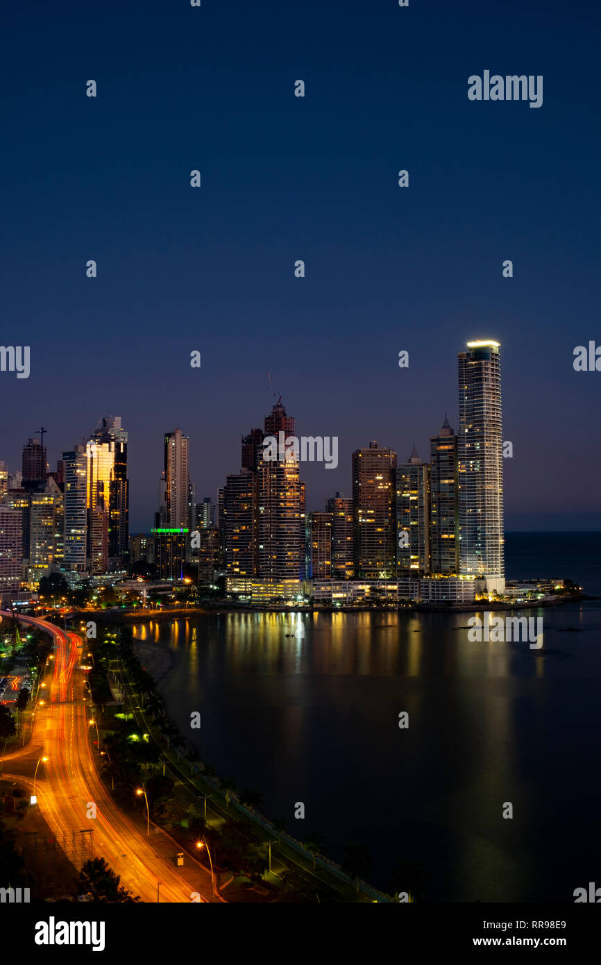 The skyline of Panama City at night, Panama City, Panama, Central America Stock Photo