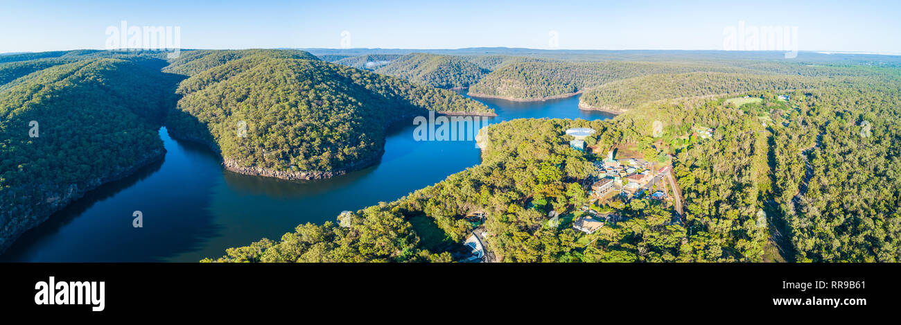 Aerial panorama of scenic Lake Nepean and forested hills. Bargo, New ...