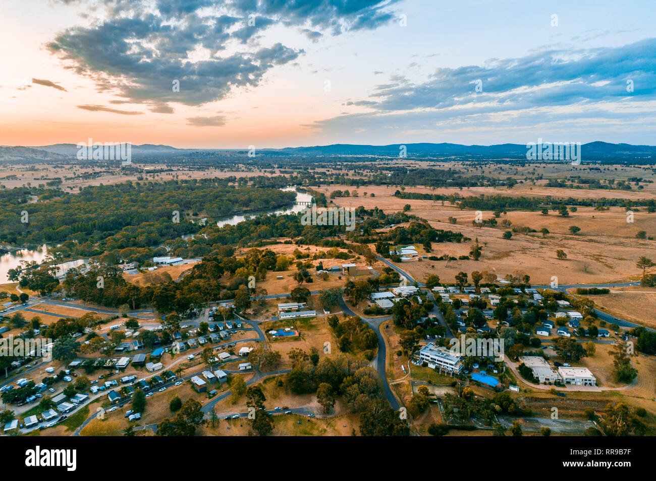 Aerial view of Lake Hume Village and Murray River at dusk Stock Photo