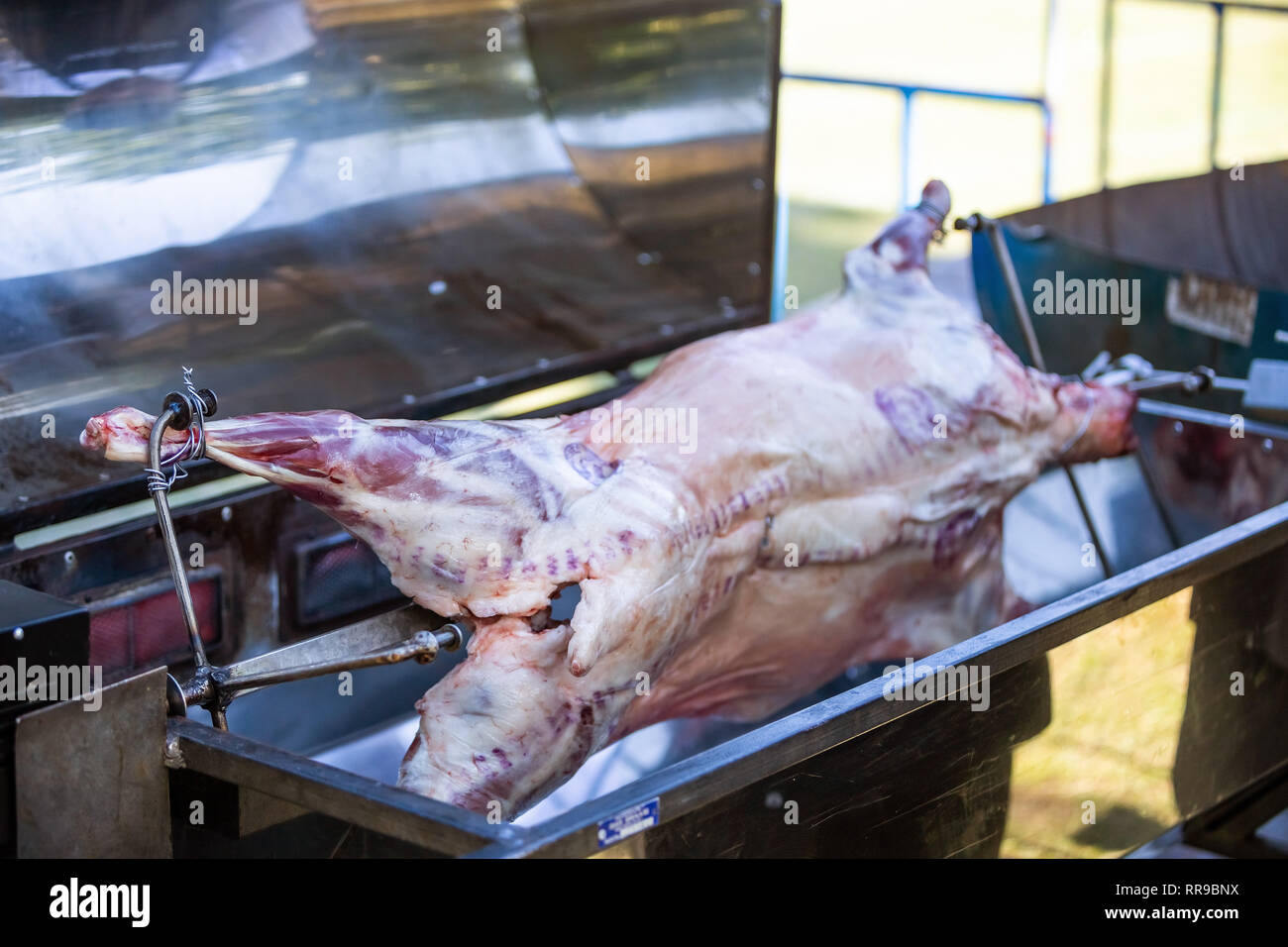 Lamb on a spit. Lamb being cooked over open flames Stock Photo