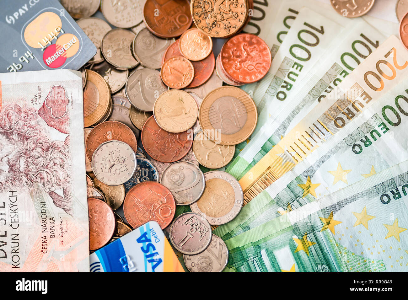 European coins and banknotes together with VISA and Mastercard credit ...