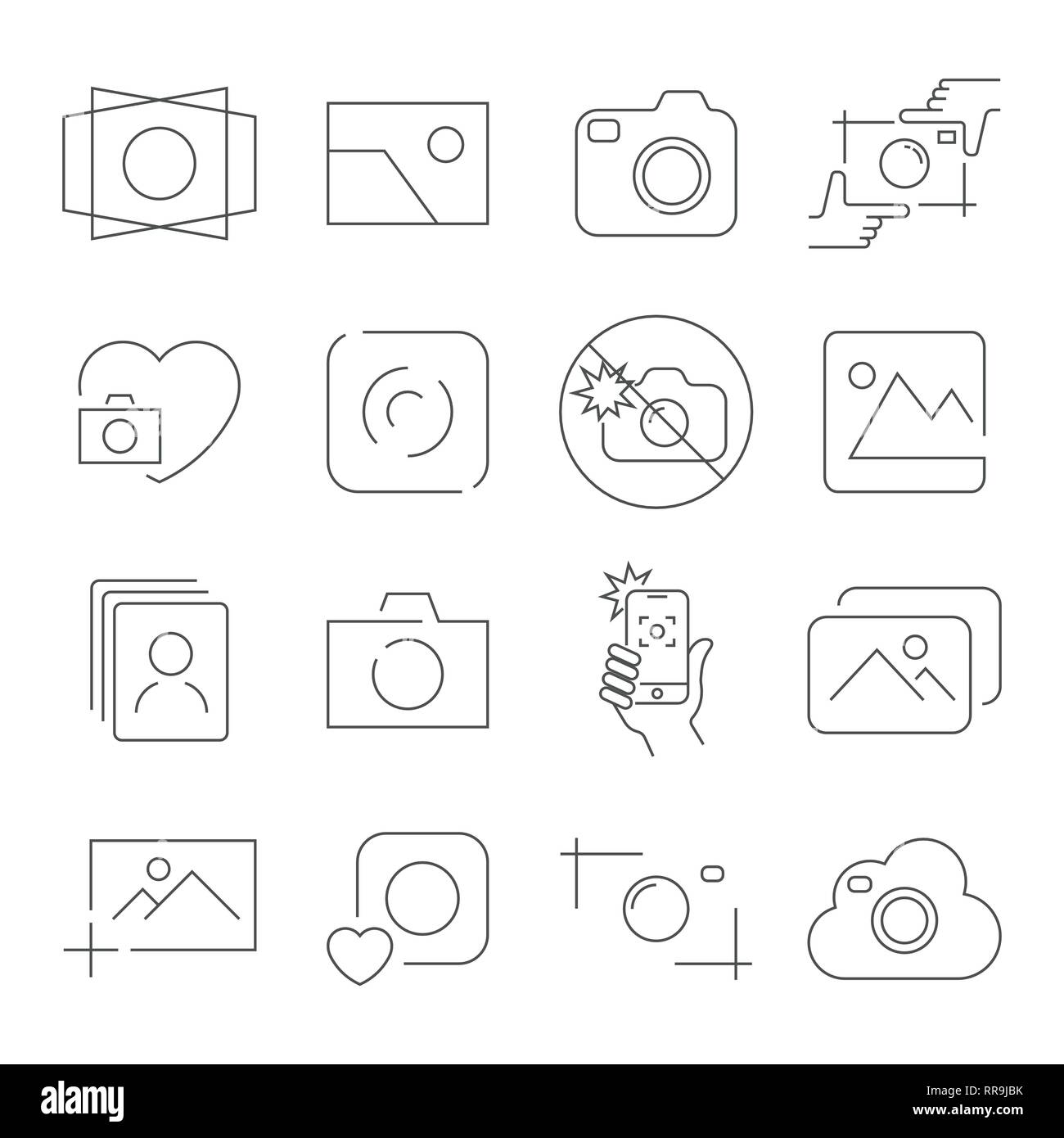 Camera icons on white background. Contains such as no flash, camera focus, photos, camera and other. Vector illustration. Editable Stroke. EPS 10 Stock Vector