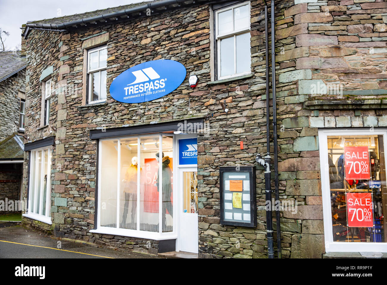 Trespass outdoor clothing store in Grasmere village with january sale on, Grasmere,Lake District national park,Cumbria,England Stock Photo