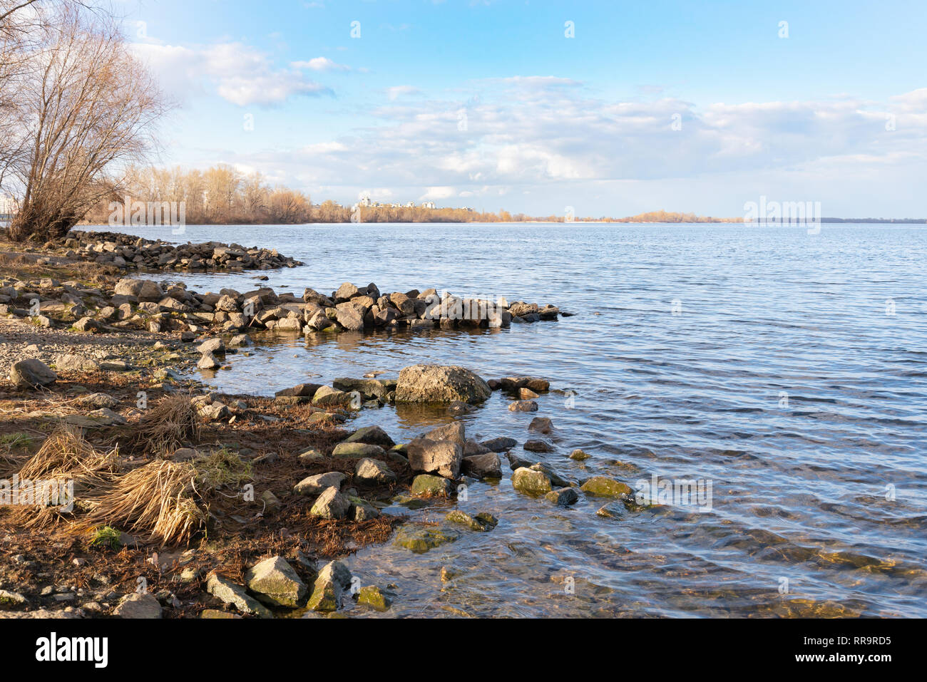 Panorama of the Dnieper River in Kiev during a cold and clear end of winter afternoon Stock Photo