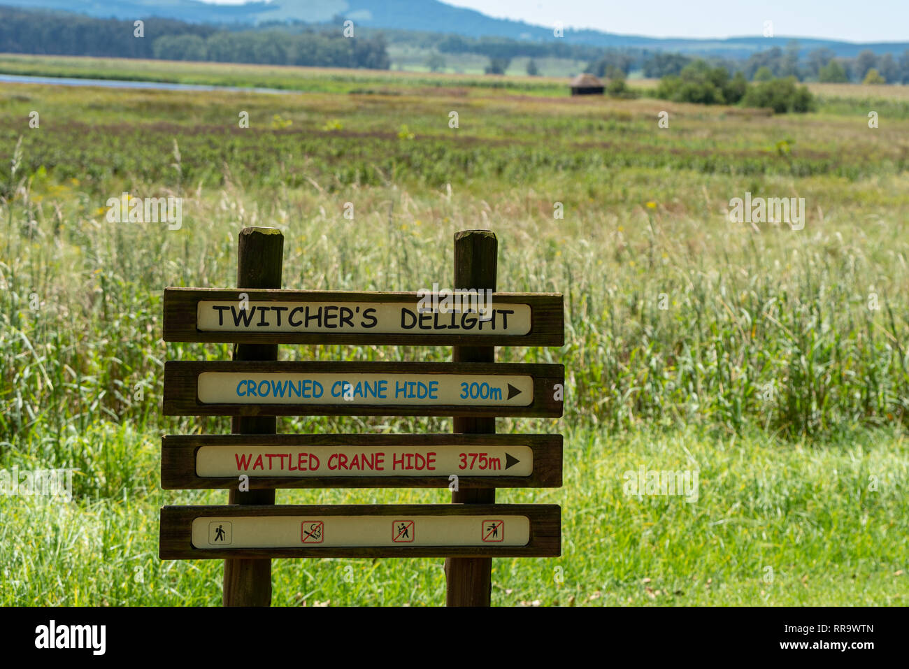 A sign directing bird watchers to various bird hides in the Natal Midlands, South Africa. Stock Photo