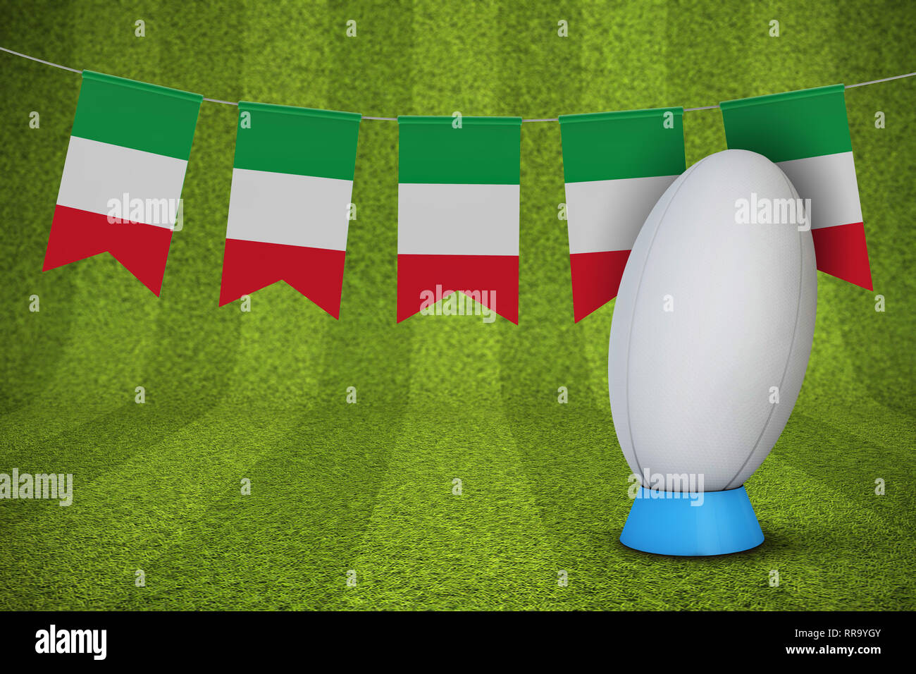 Italy flag bunting with a rugby ball and pitch. 3D Rendering Stock Photo Alamy