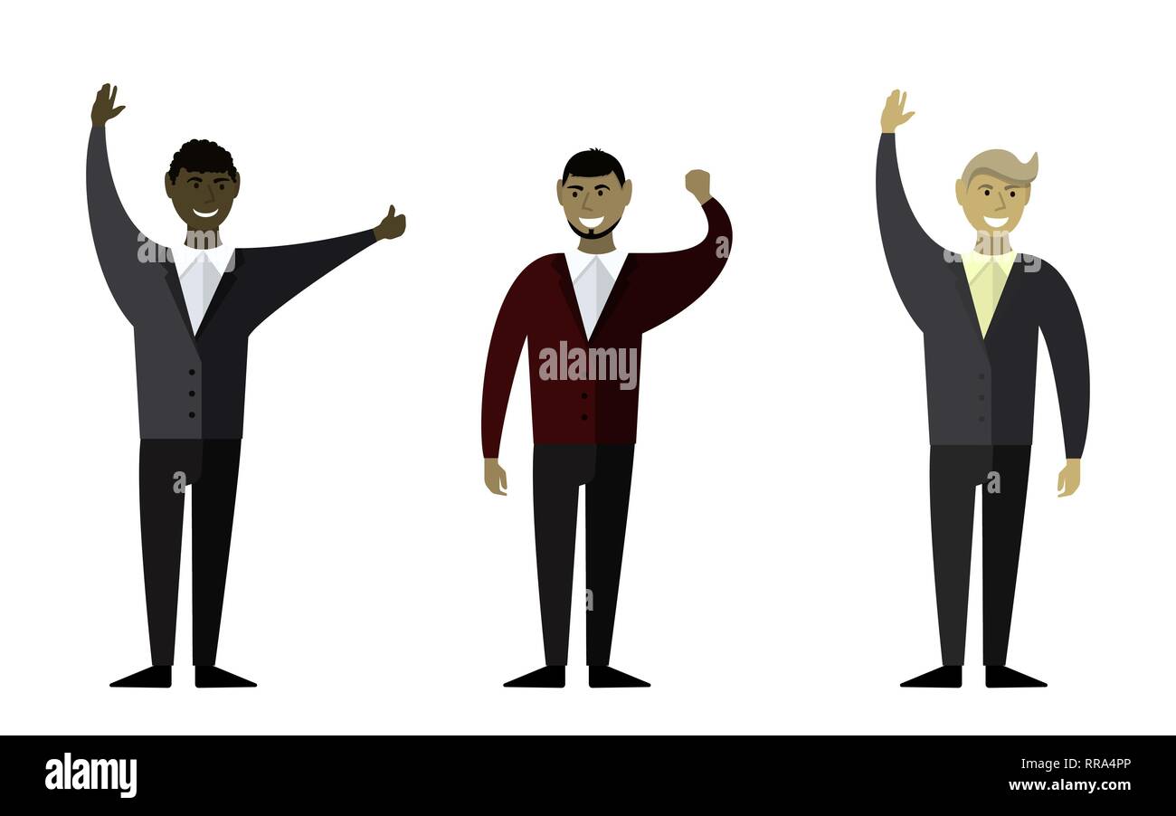 Three men of different races. Smiling and waving. Vector illustration ...