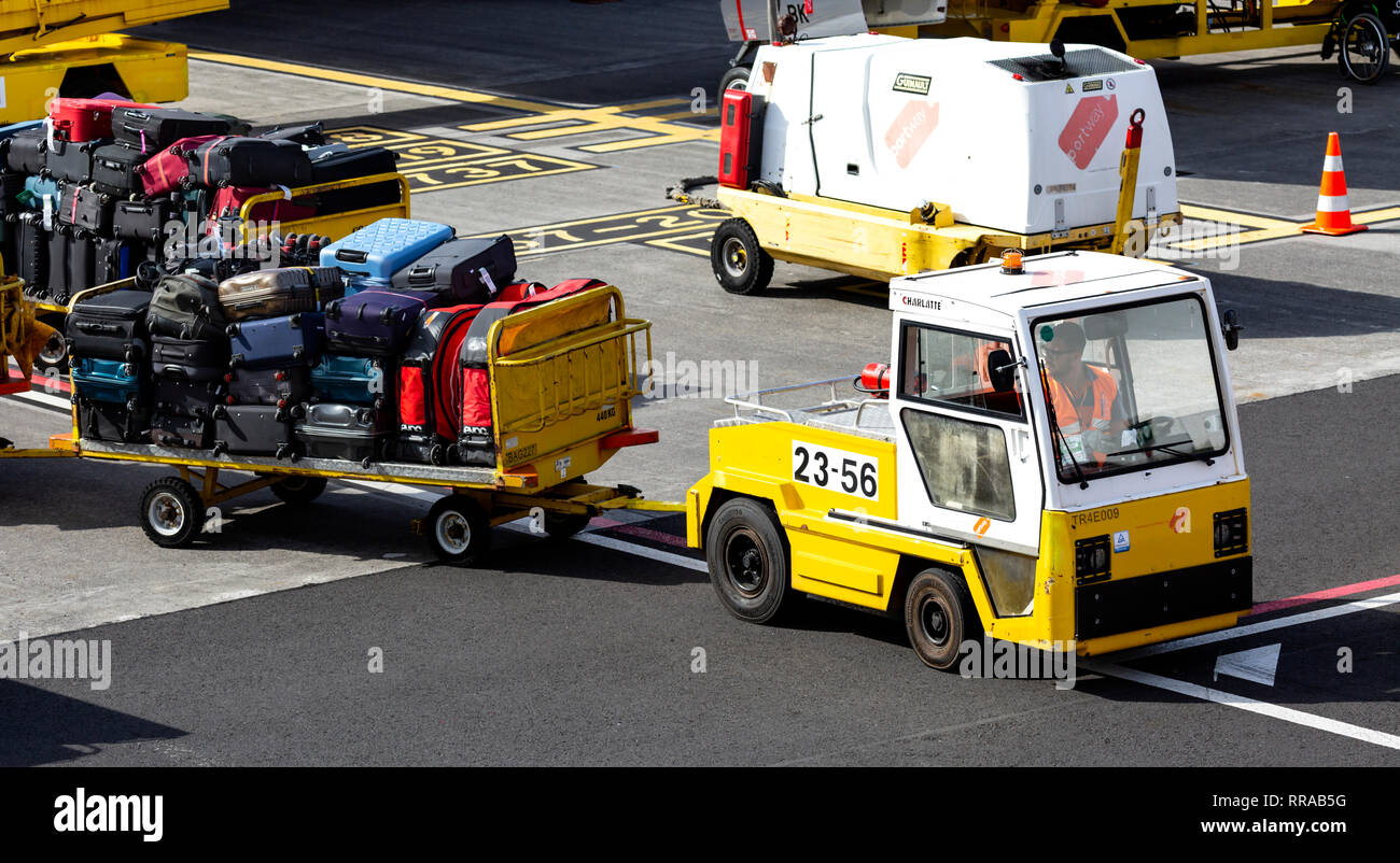 Luggage being transported by truck at Funchal airport, Madeira, Portugal. Stock Photo