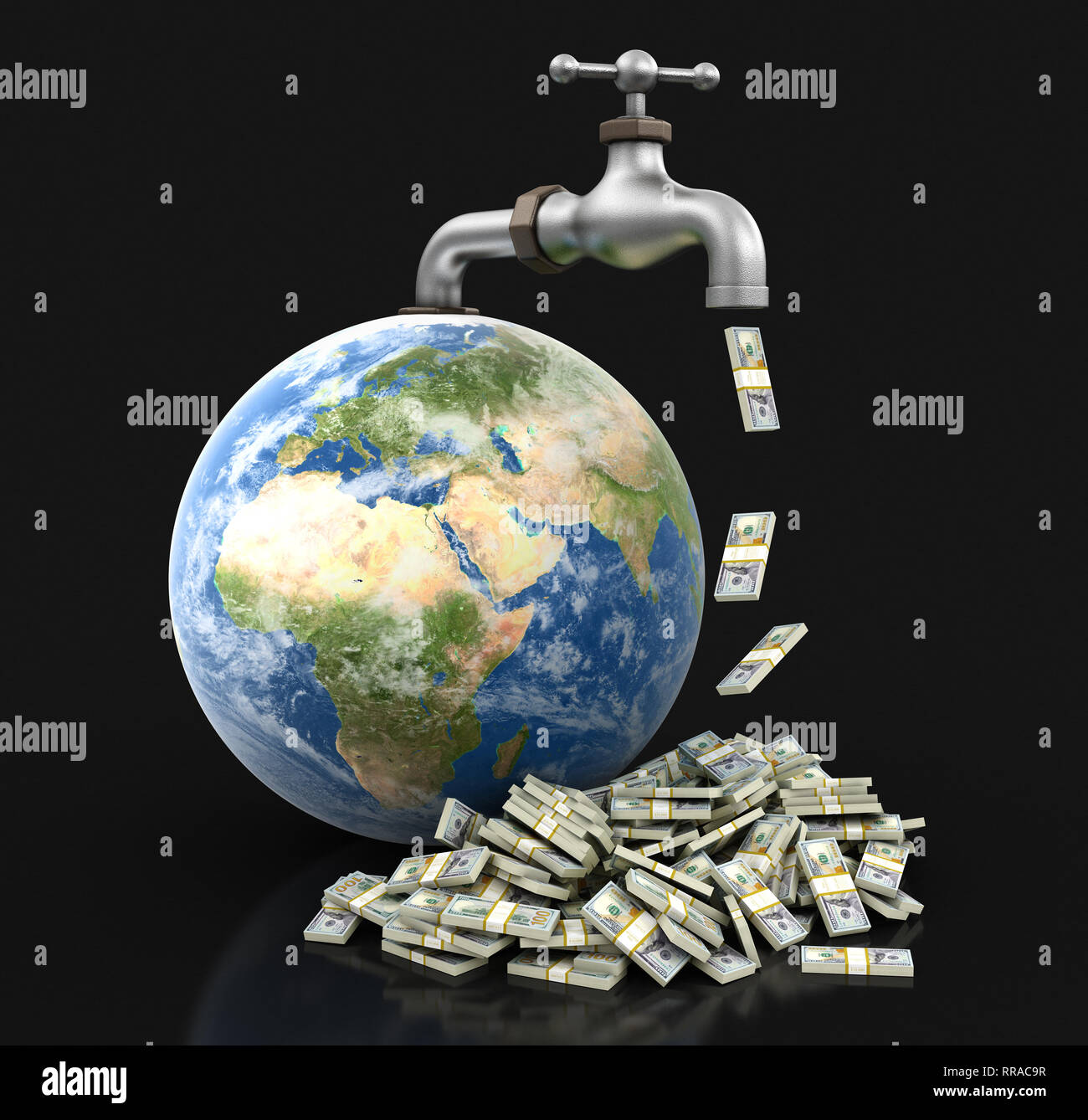 3d Globe and faucet with Dollars. Image with clipping path Stock Photo
