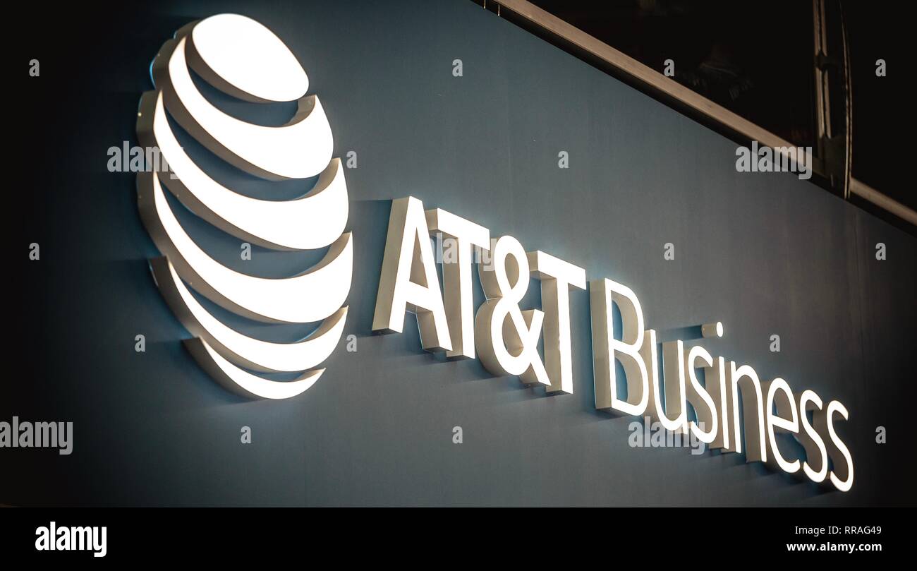 Barcelona, Spain. 25th Feb, 2019. An ‚AT&T' logo sits illuminated ...