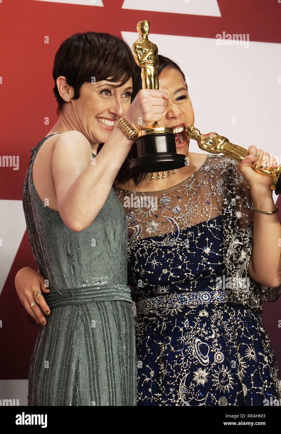 Los Angeles, USA. 24th Feb, 2019. Becky Neiman-Cobb (L) and Domee Shi winners Best Short Film (Animated) award for 'Bao pose at the 91st Annual Academy Awards in the press room during at Hollywood and Highland on February 24, 2019 in Hollywood, California Credit: Tsuni/USA/Alamy Live News Stock Photo