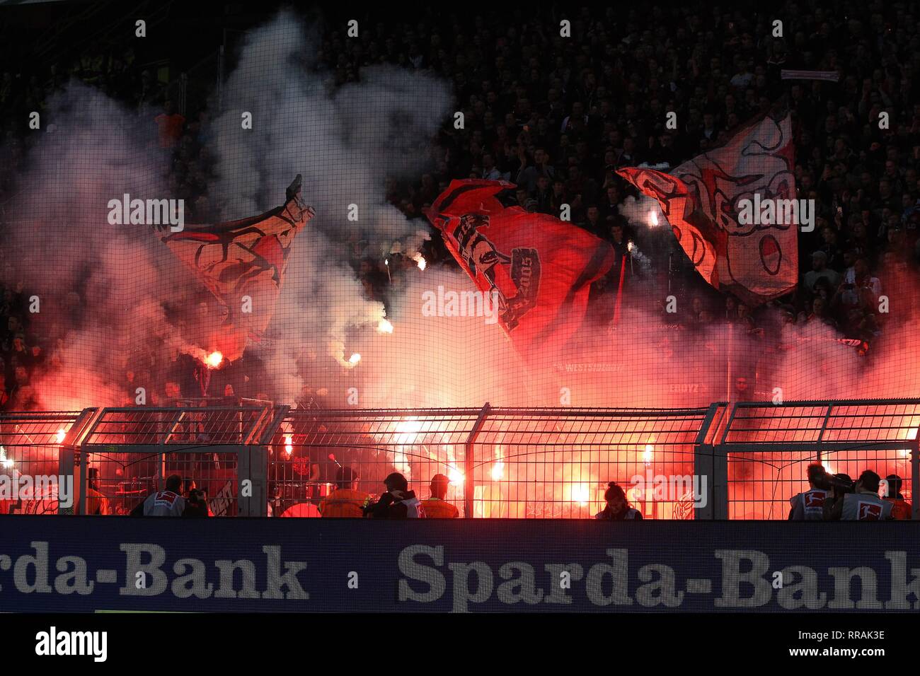 firo: 24.02.2019, football, 1.Bundesliga, season 2018/2019, BVB, Borussia Dortmund - Bayer 04 Leverkusen, Leverkusen Ultras, fans, zund Pyro Technik, | usage worldwide Stock Photo