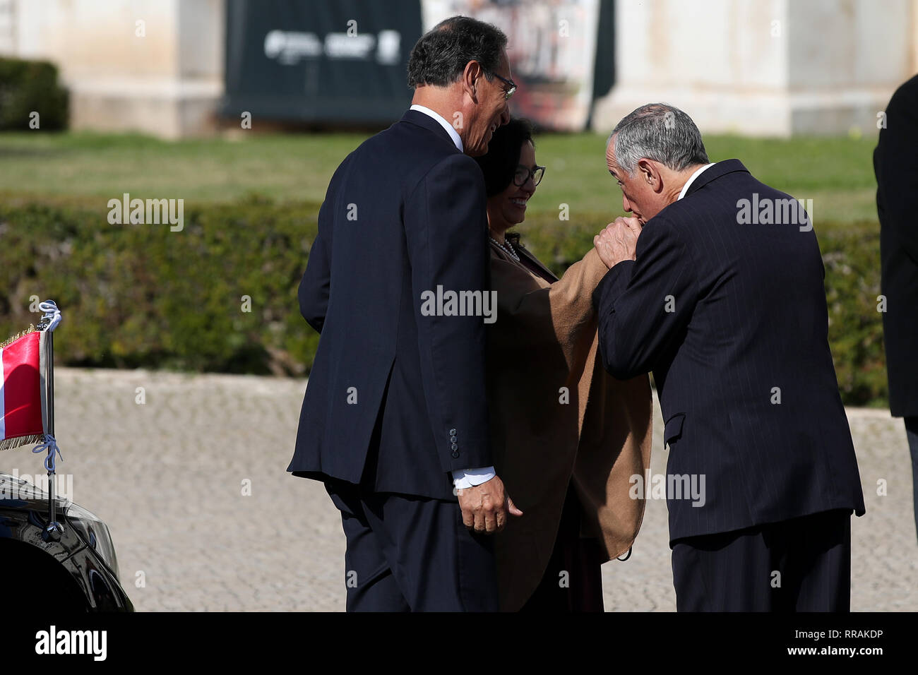 February 25, 2019 - Lisbon, Portugal - Portugal's President Marcelo Rebelo de Sousa (R ) welcomes President of Peru Martin Vizcarra and his wife Maribel Diaz Cabello during a welcome ceremony at the Jeronimos Monastery in Lisbon, in the first of a 2 days state visit to Portugal, on February 25, 2019. (Credit Image: © Pedro Fiuza/ZUMA Wire) Stock Photo