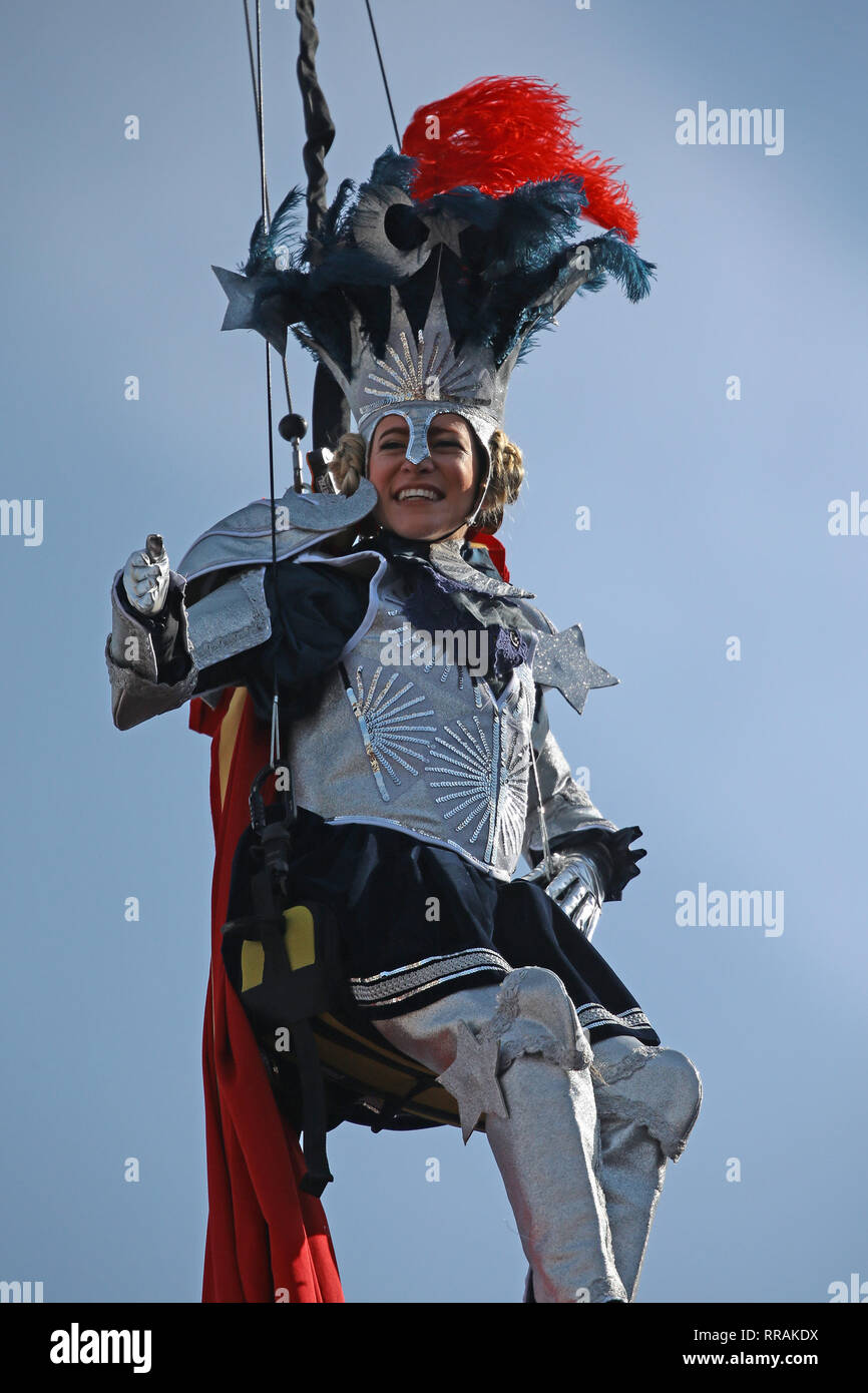 The exciting flight of the Angel of Carnival officially opens the Carnival celebrations in Piazza San Marco. Welcomed in the crowded parterre by the groups of historical reenactments in costume, it will melt the tension of the svolo in the embrace of the Doge and the audience, electrified by the spectacular show that always celebrates, even on national and international networks, the Venice Carnival. As usual, it will be the Maria winner of the 2018 Erika Chia Carnival to take on the role of the new Angel of the 2019 edition. Il Volo dell'Angelo will be preceded this year by the Flight of the  Stock Photo