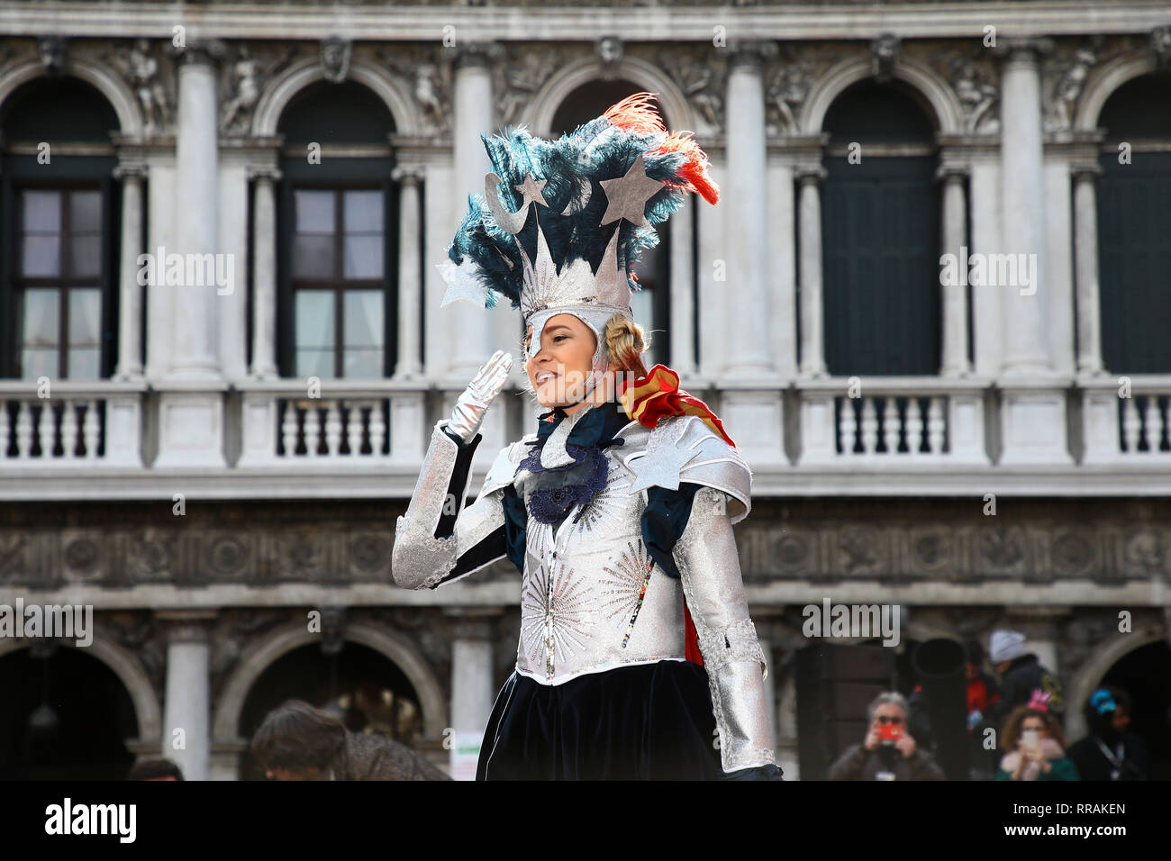 The exciting flight of the Angel of Carnival officially opens the Carnival celebrations in Piazza San Marco. Welcomed in the crowded parterre by the groups of historical reenactments in costume, it will melt the tension of the svolo in the embrace of the Doge and the audience, electrified by the spectacular show that always celebrates, even on national and international networks, the Venice Carnival. As usual, it will be the Maria winner of the 2018 Erika Chia Carnival to take on the role of the new Angel of the 2019 edition. Il Volo dell'Angelo will be preceded this year by the Flight of the  Stock Photo