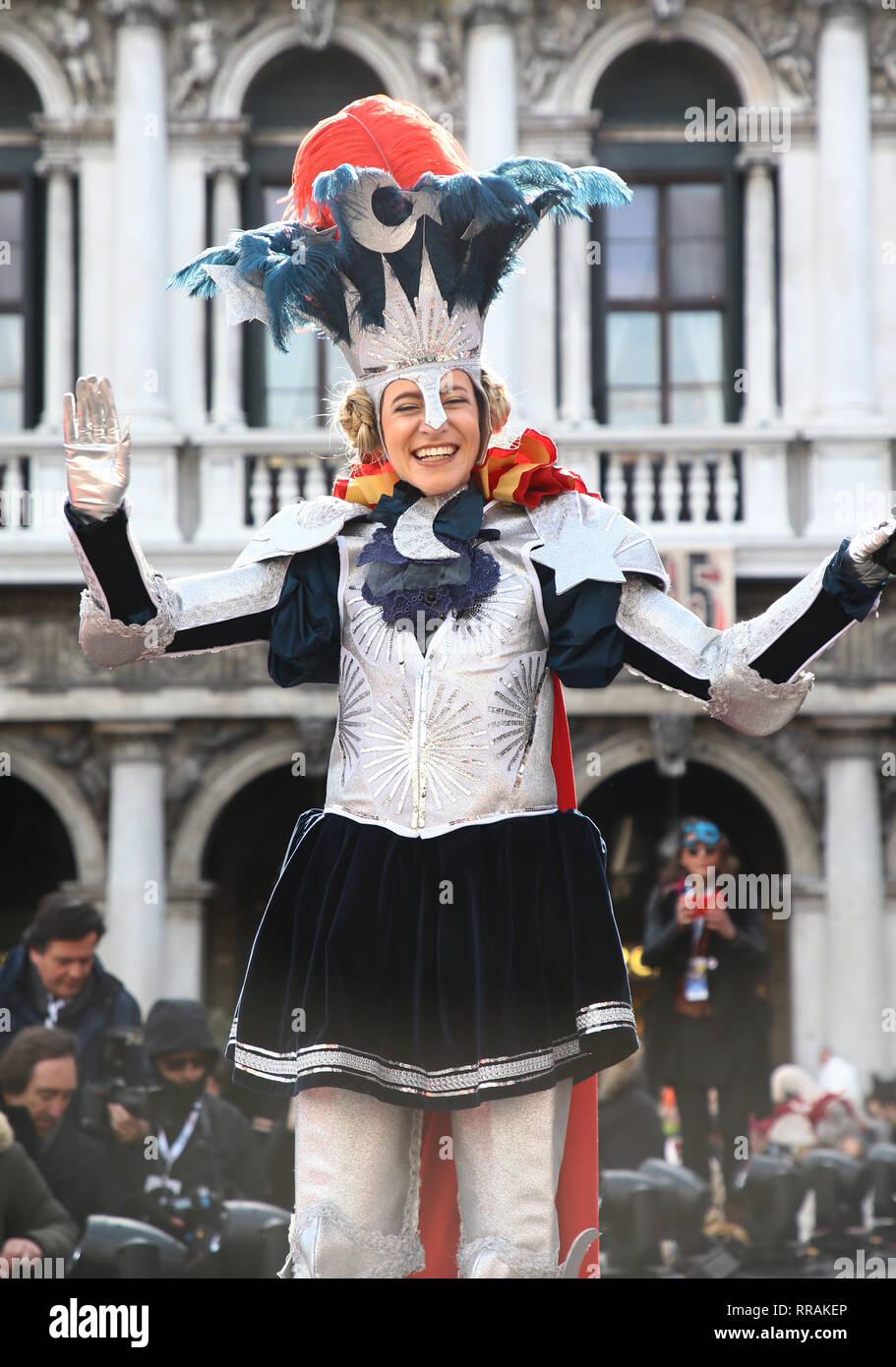 The exciting flight of the Angel of Carnival officially opens the Carnival celebrations in Piazza San Marco. Welcomed in the crowded parterre by the groups of historical reenactments in costume, it will melt the tension of the svolo in the embrace of the Doge and the audience, electrified by the spectacular show that always celebrates, even on national and international networks, the Venice Carnival. As usual, it will be the Maria winner of the 2018 Erika Chia Carnival to take on the role of the new Angel of the 2019 edition. Il Volo dell'Angelo will be preceded this year by the Flight of the  Stock Photo