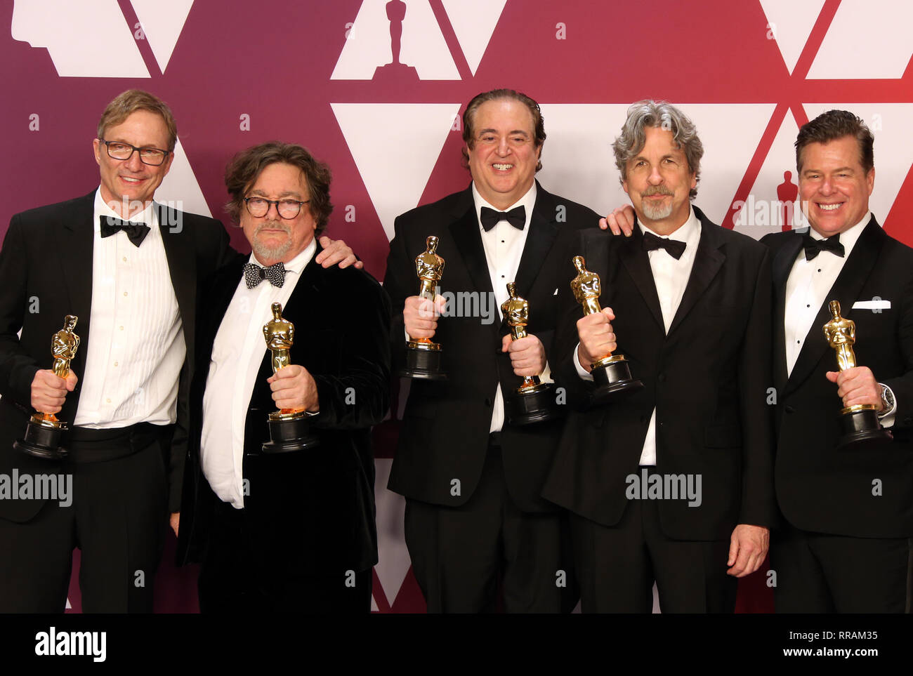 HOLLYWOOD, CALIFORNIA - FEBRUARY 24: Jim Burke, Charles B. Wessler, Nick Vallelonga, Peter Farrelly, Brian Currie, At The 91st Annual Academy Awards Press Room at Hollywood and Highland on February 24, 2019 in Hollywood, California..Credit: Faye Sadou/MediaPunch Stock Photo