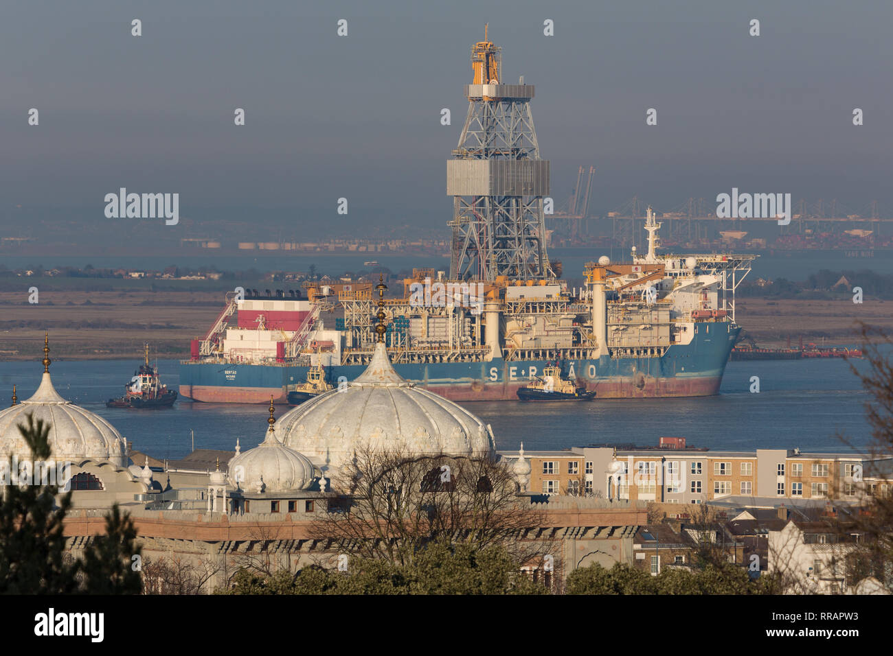 Gravesend, Kent, United Kingdom. 25th Feb, 2019. The large drill ship Sertao has left the River Thames after being a fixture on the river for over a year. The 220 metre long ship was repossessed after the Brazilian owner went bankrupt. She has an air draft (height from water line) of 120 metres. Credit: Rob Powell/Alamy Live News Stock Photo