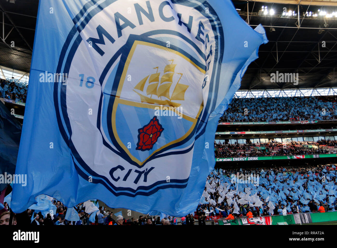 London, UK. 24th Feb, 2019. Manchester City FC flag bearers during the EFL Carabao Cup Final between Chelsea and Manchester City at Wembley Stadium, London, England on 24 February 2019. Photo by Carlton Myrie. Editorial use only, license required for commercial use. No use in betting, games or a single club/league/player publications. Credit: UK Sports Pics Ltd/Alamy Live News Stock Photo