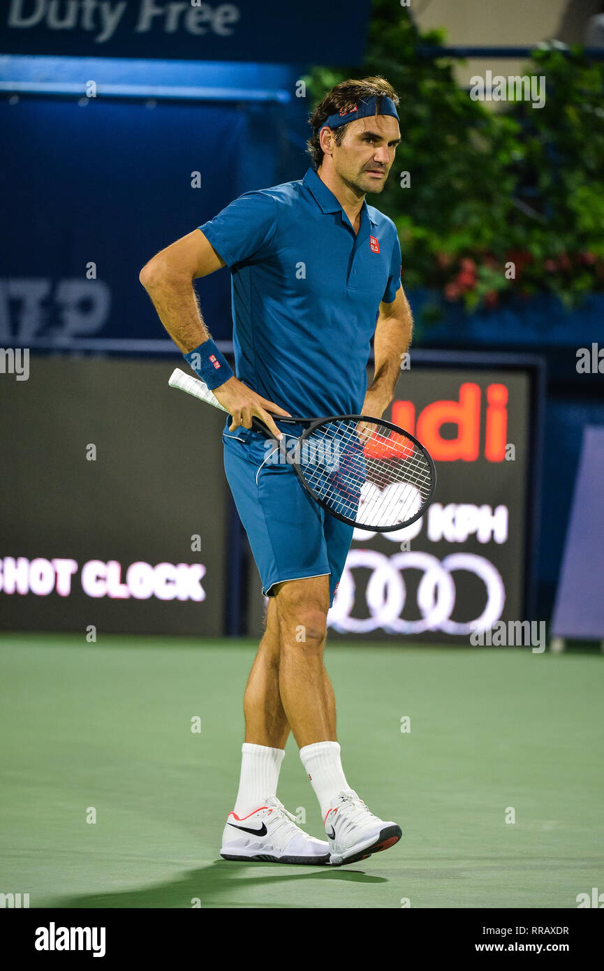 Dubai, UAE. 25th February 2019. Former World no. 1 Roger Federer of  Switzerland clearly unimpressed at a line call in his match against Philipp  Kohlschreiber at the 2019 Dubai Duty Free Tennis