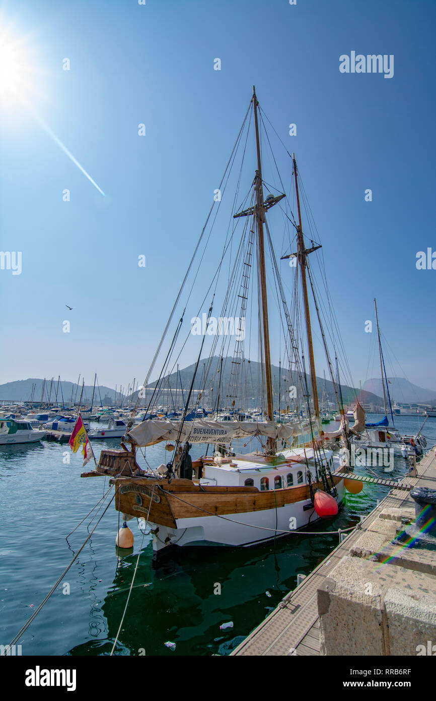 Cartagena, Murcia, Spain; February 2017 Sailing ship in the harbor of