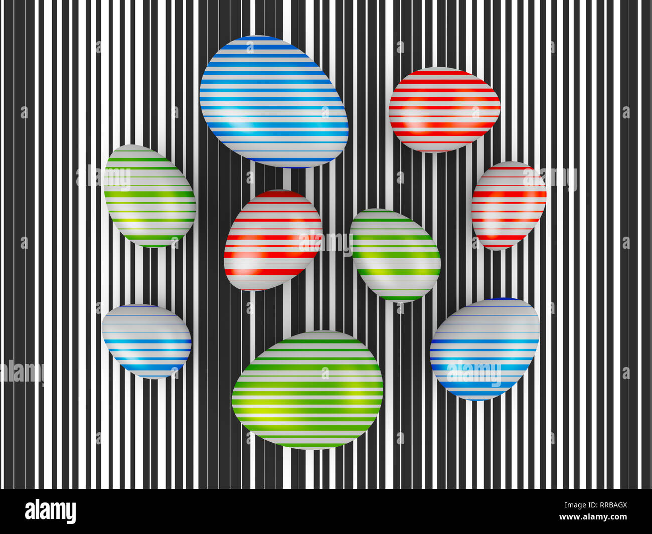 Eggs with colored stripes on a background of black stripes. 3d render Stock Photo